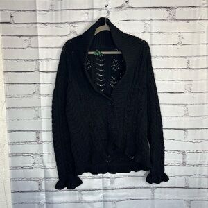 Vintage Lauren Ralph Lauren Black Cotton Puff-Sleeve Button Front Cardigan M Y2K